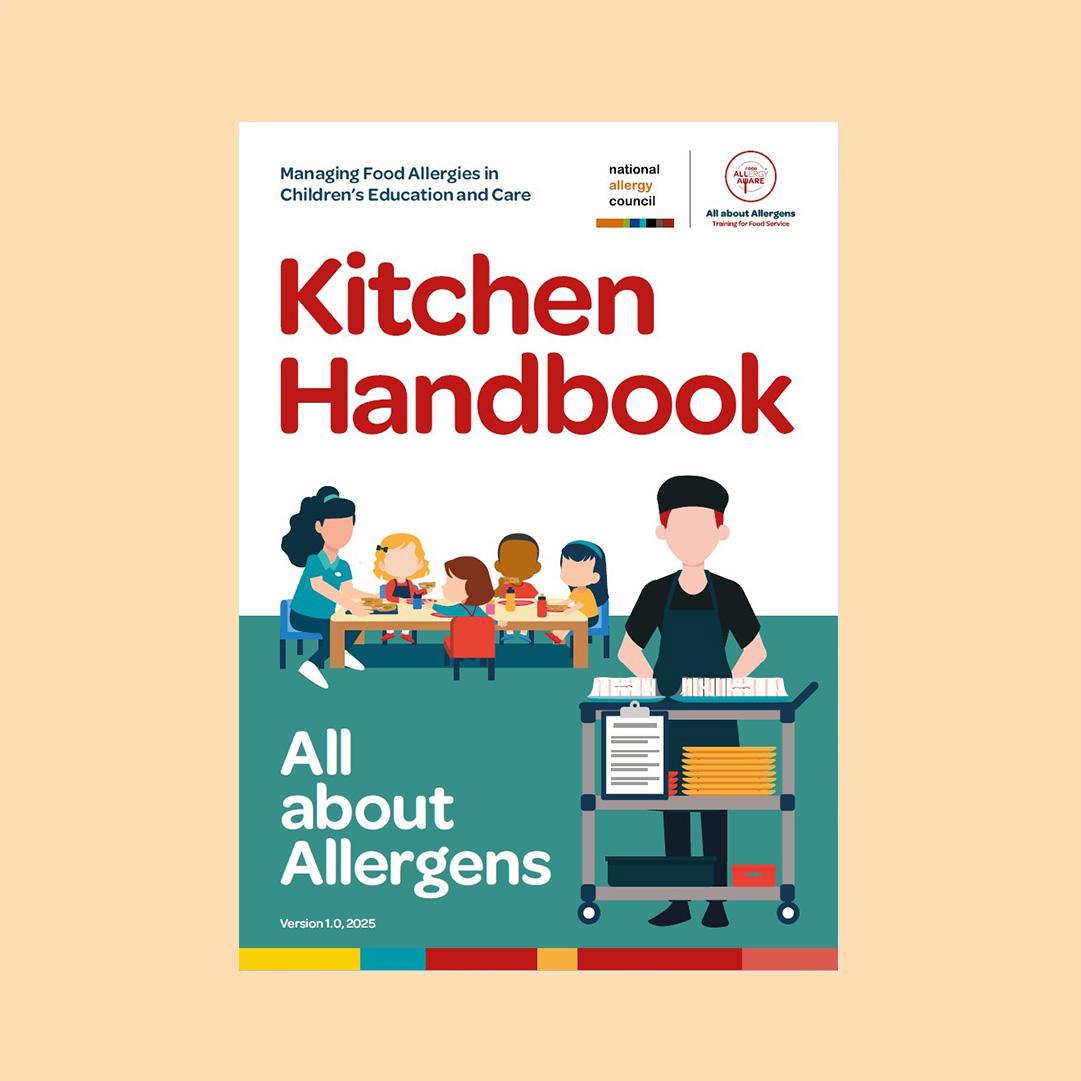 Illustrated cover of "Kitchen Handbook: All About Allergens," featuring a chef with food on a cart and children sitting at a table.