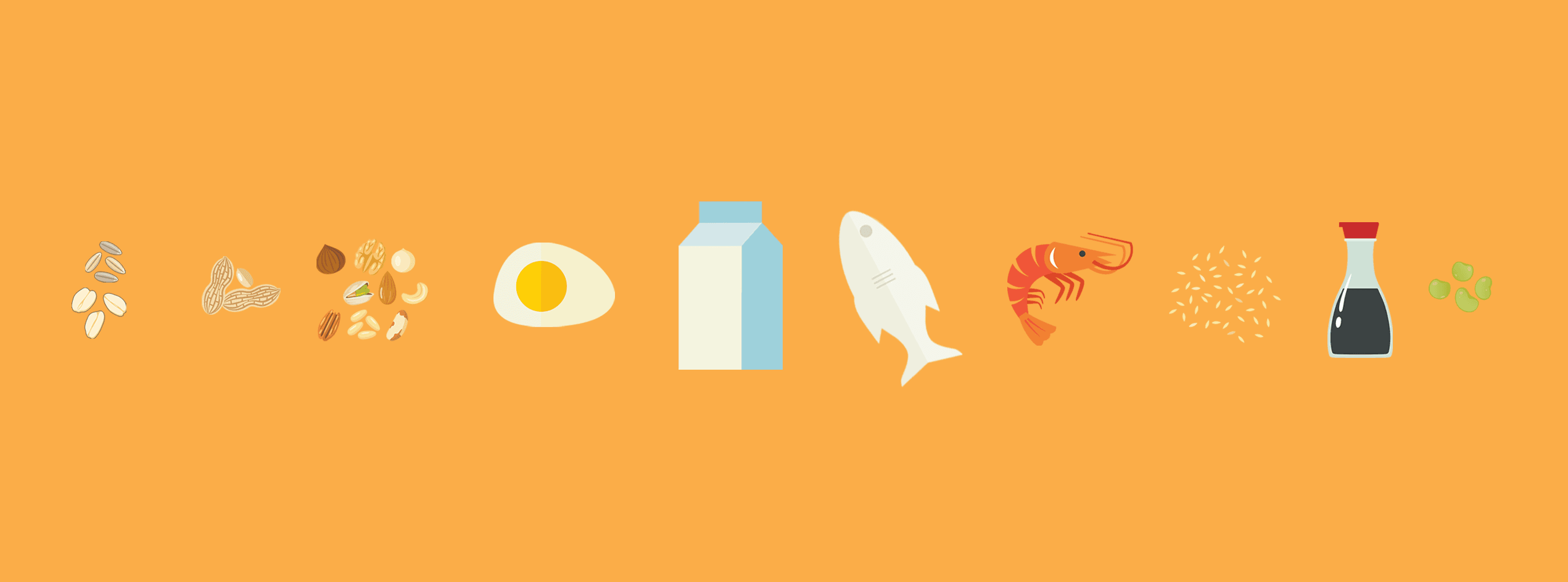 Illustration of common allergens: peanuts, nuts, egg, milk, fish, shellfish, soybeans, sesame seeds, and a bottle of soy sauce on an orange background.