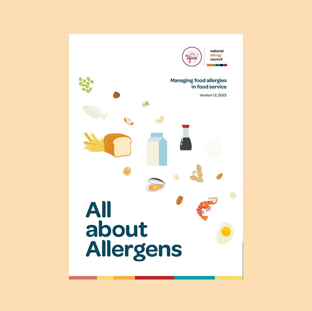 Cover of "All about Allergens" guide, featuring food illustrations like milk, bread, and nuts, with text on managing food allergies in food service.