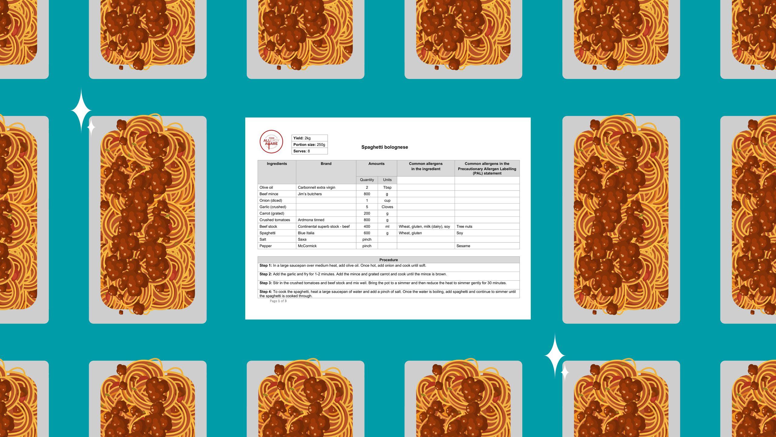 Recipe card for spaghetti bolognese surrounded by repeating images of spaghetti dishes on a teal background.